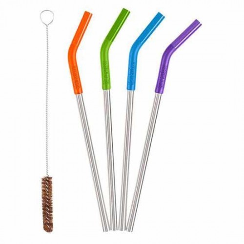Klean Kanteen Re-useable Straws - 4 colour tipped Stainless Steel Straws & Cleaning Brush Set